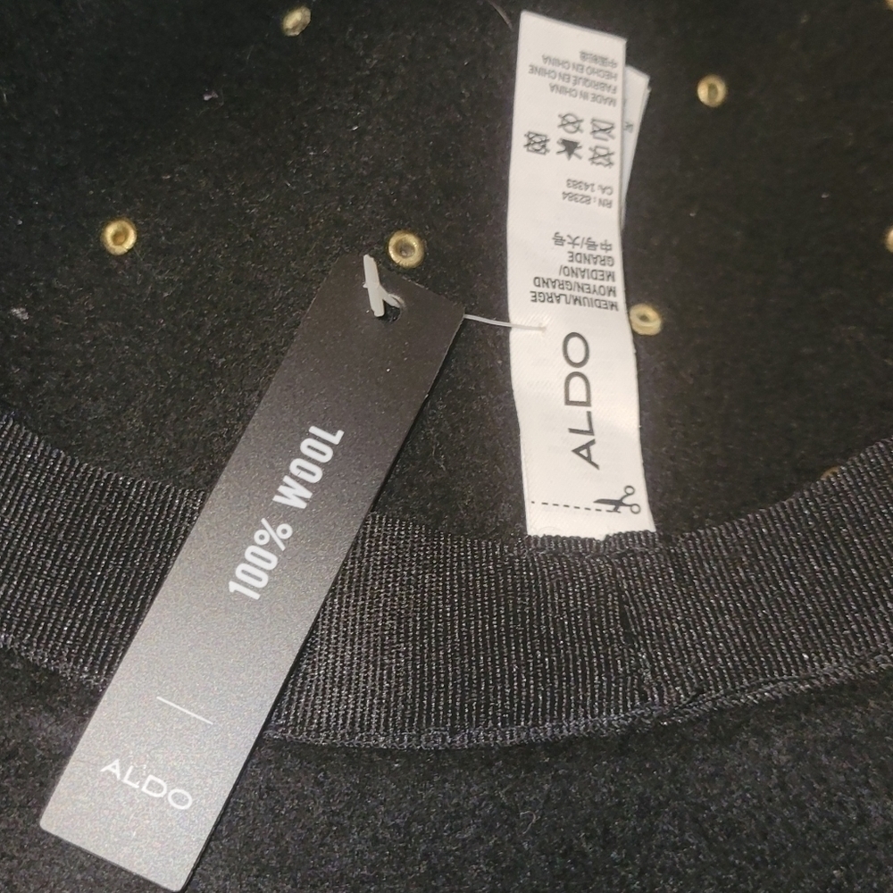 ALDO Black 100% Wool Studded Wide Brim Fedora Gold Detail Hat NWT - Picture 4 of 4